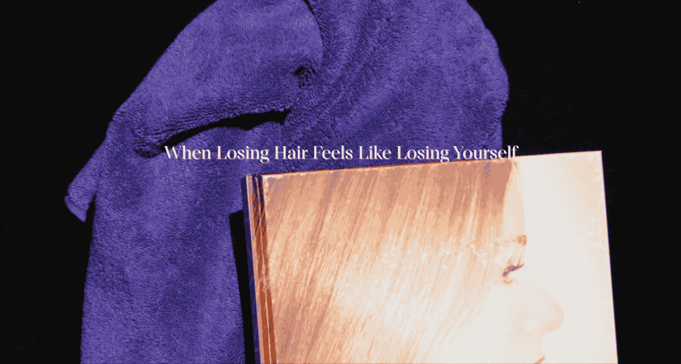 A woman with a towel over her head holds a book cover over her face, symbolizing the emotional impact of hair loss and depression.