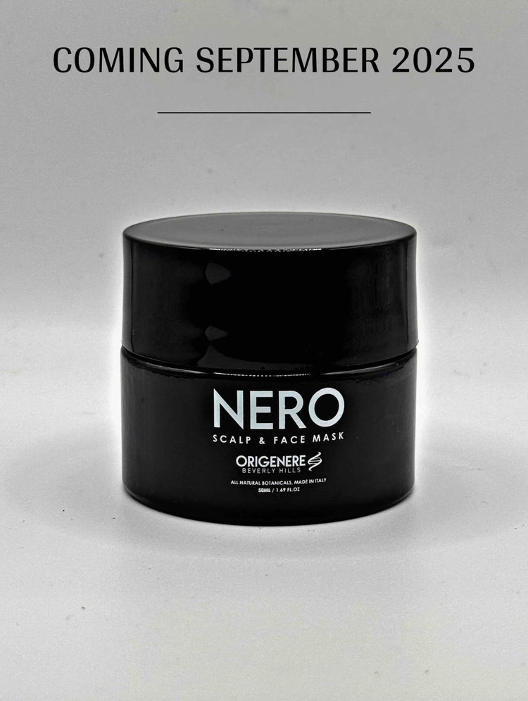 Black jar of NERO scalp and face mask on a white background with 'Coming September 2025' text.
