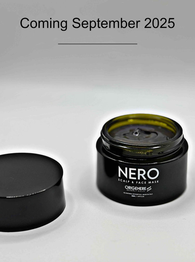 Black jar of NERO scalp and face mask with a gray background and text 'Coming September 2025'.