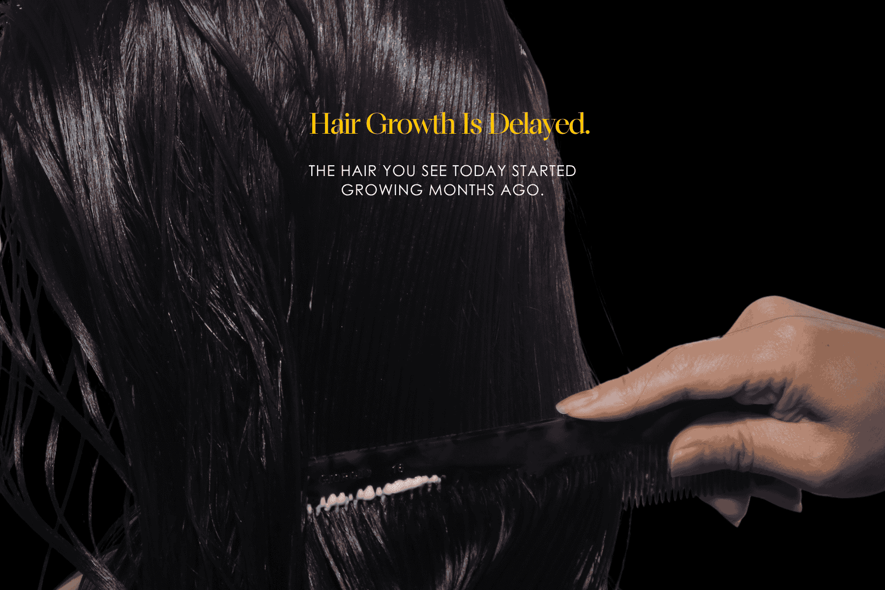 Close up of person brushing long brown hair with text overlay "Hair Growth is Delayed.The hair you see today started growing months ago."