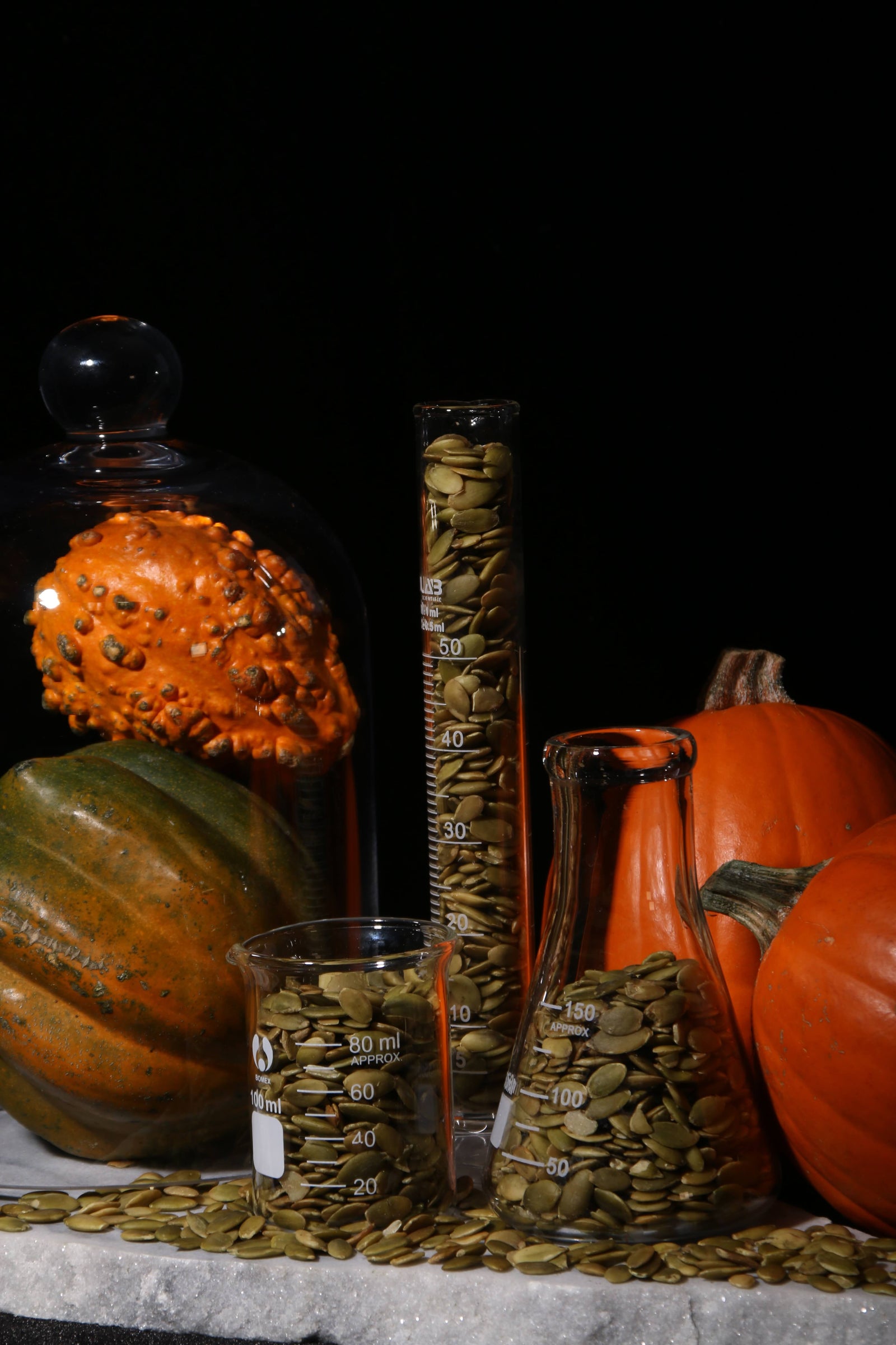 3 different pumpkins surrounding beakers of pumpkin seeds