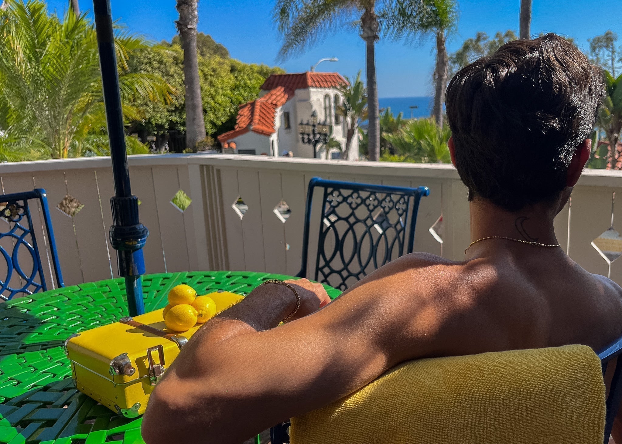 person with healthy hair sitting with their shirt off in a chair next to a green table with yellow lemons with the sun blazing down, ocean and palm trees in the distance. 