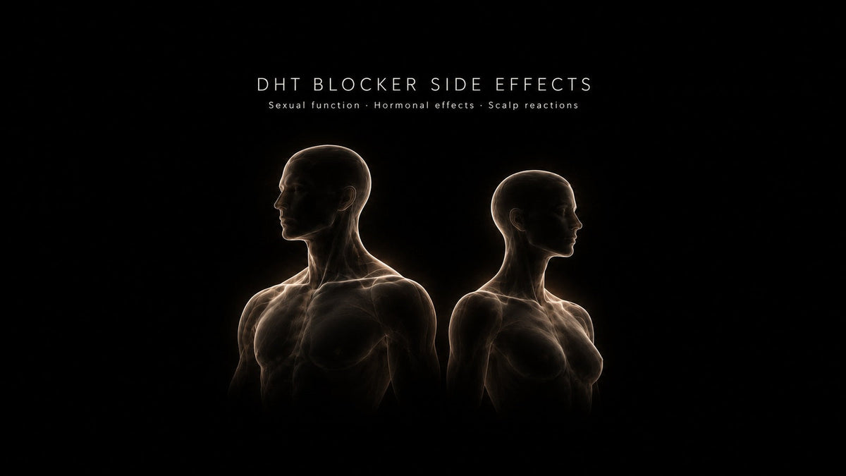 Male and female silhouettes illustrating DHT blocker side effects, including sexual function, hormonal effects, and scalp reactions.
