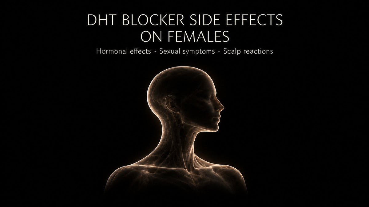 Female silhouette illustrating DHT blocker side effects on females: hormonal effects, sexual symptoms, and scalp reactions.