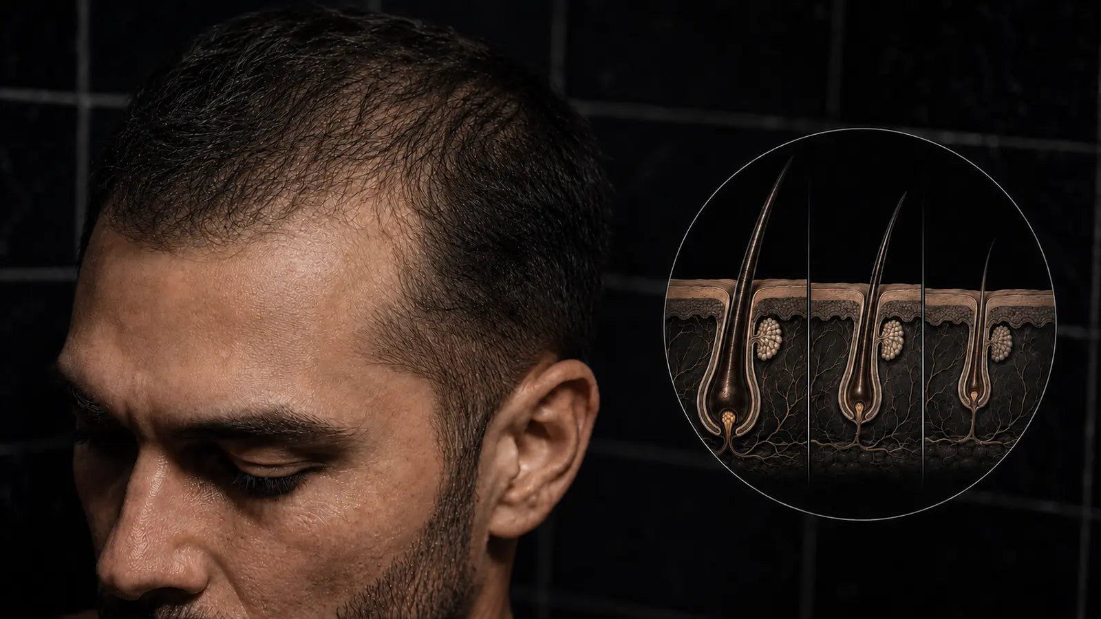 Male pattern hair loss with follicular miniaturization from terminal to progressively finer hair follicles