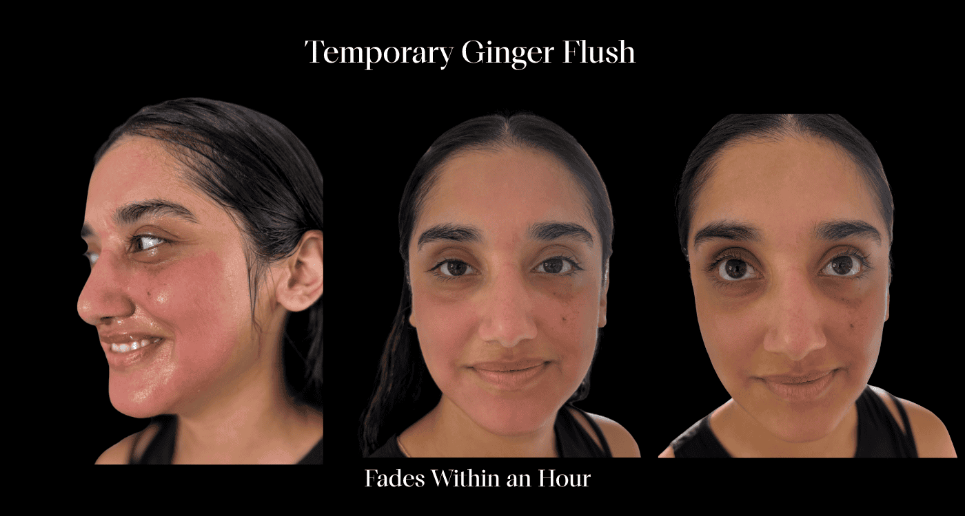 Sequence showing temporary pink flush on skin after applying a ginger-based mask, demonstrating short-lived warmth and redness response