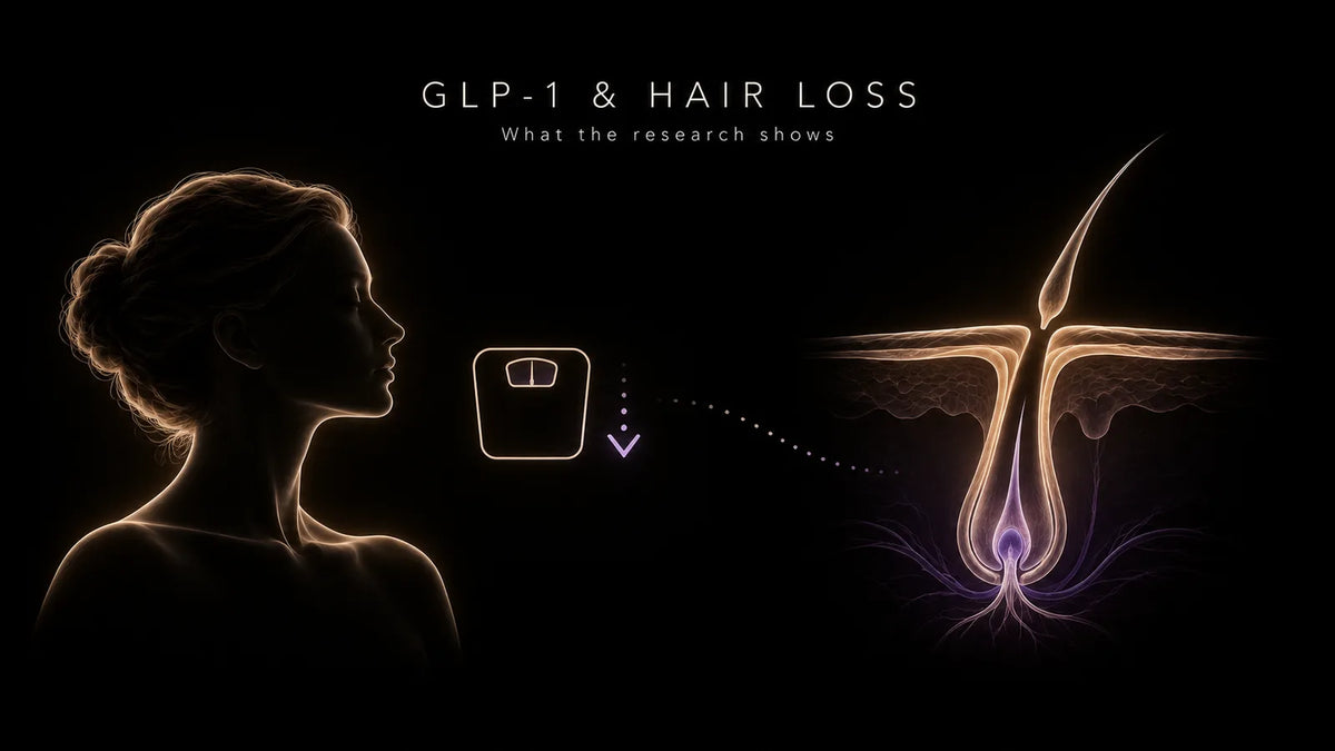 Scientific illustration of a woman beside a scale and a hair follicle with a shed club hair above the scalp, visualizing weight change and hair shedding in GLP-1 research.