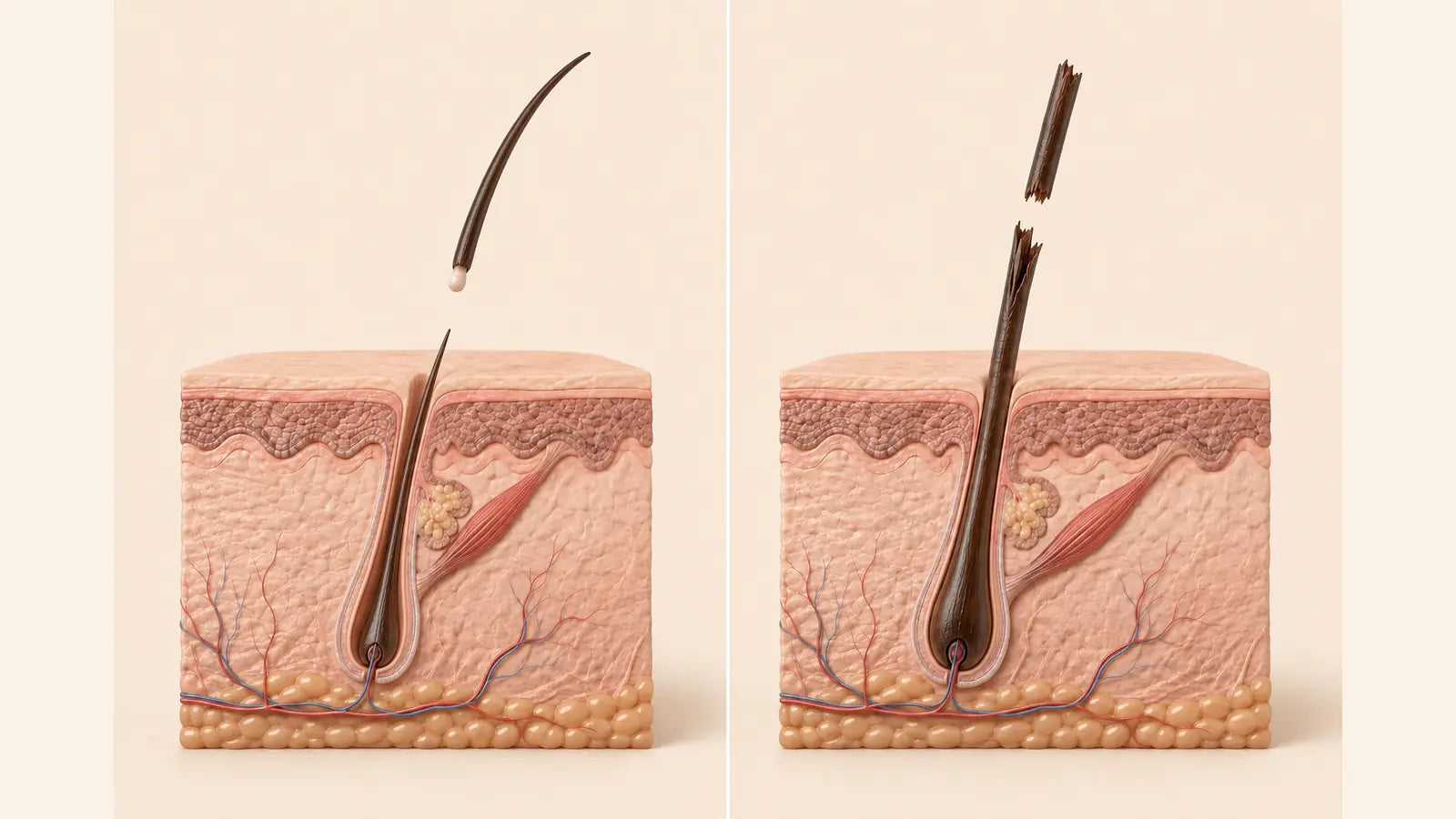 Hair shedding versus hair breakage shown in a scientific scalp and follicle illustration