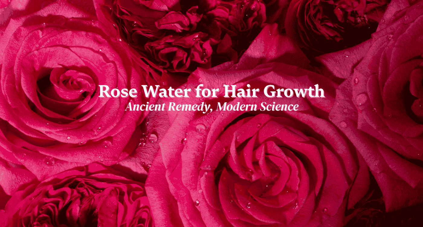 Rosa damascena petals in distilled water symbolizing the antioxidant, soothing, and scalp-balancing qualities of rose water for hair growth.