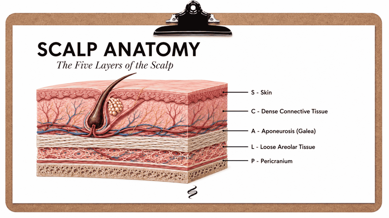 Scalp anatomy diagram showing the five layers of the scalp: skin, dense connective tissue, aponeurosis, loose areolar tissue, and pericranium.