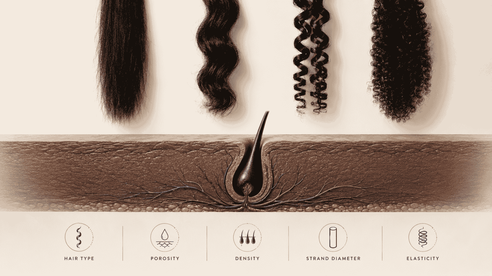 Natural Black hair textures ranging from straight and wavy to curly and coily, representing the Andre Walker Hair Typing System.