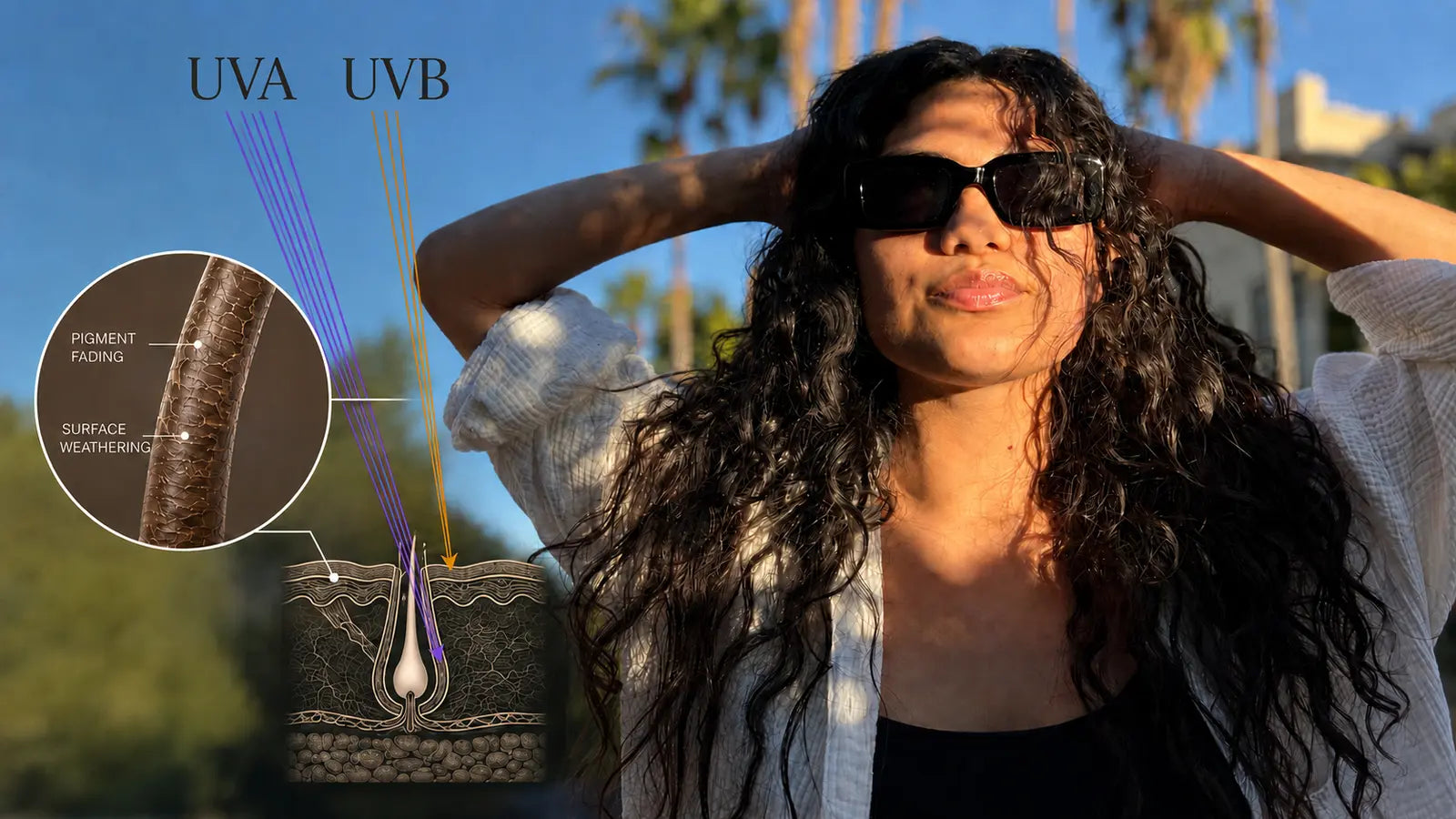 UVA and UVB rays showing deeper UVA penetration and surface UVB exposure beside wavy hair and a magnified hair shaft with pigment fading