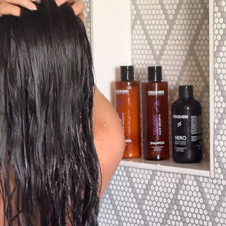 Woman washing her hair in the shower with Sempre Hair Growth Shampoo and Conditioner 