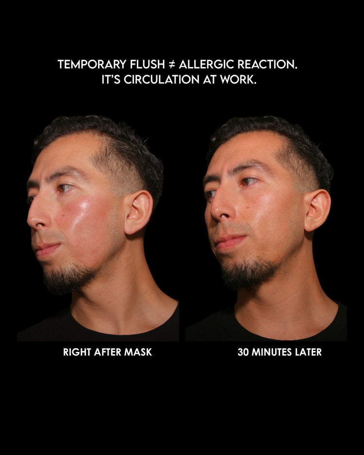 Before and after photo showing the NERO Detoxifying Scalp and Face Mask ginger flush reaction — temporary redness that enhances circulation and skin vitality, revealing a healthy glow 30 minutes later.
