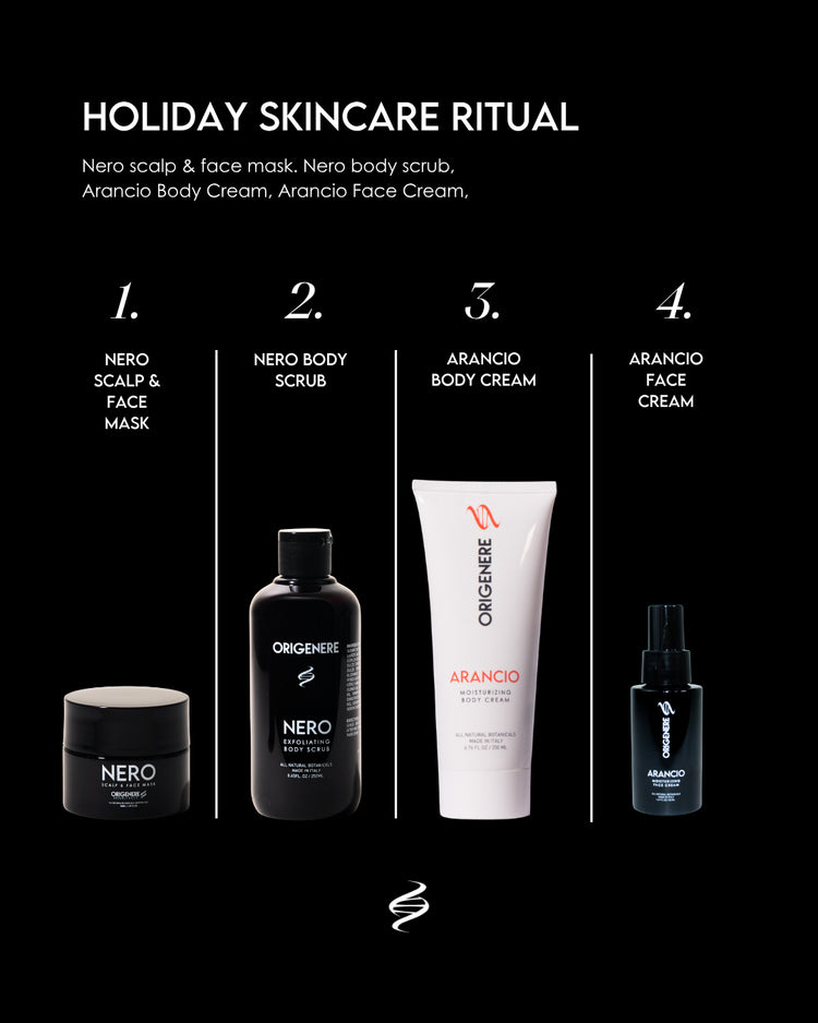 Holiday skincare ritual with products including Nero scalp & face mask, Nero body scrub, Arancio body cream, and Arancio face cream on a black background.