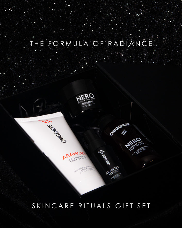 Luxury skincare gift set by Origenere Beverly Hills featuring NERO Detoxifying Scalp and Face Mask, NERO Body Scrub, and ARANCIO Moisturizing Body Cream in an elegant black box — the perfect holiday skincare ritual for radiant, glowing skin.