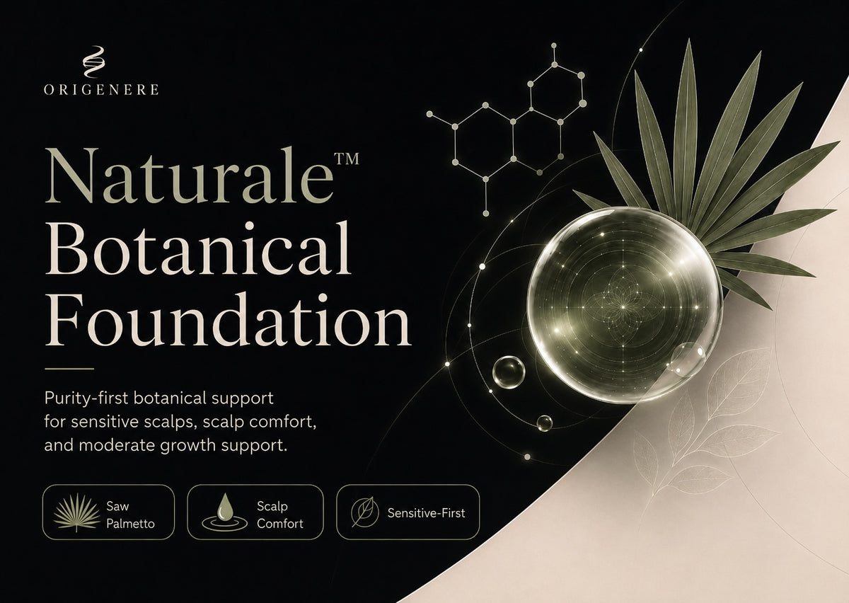 Naturale Botanical Foundation science visual for saw palmetto, scalp comfort, and moderate growth support