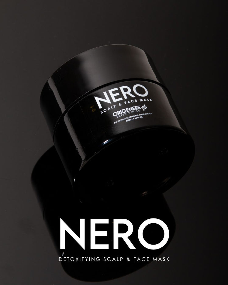 NERO Detoxifying Scalp and Face Mask product jar on sleek black background — luxury Italian skincare made with botanical ingredients for scalp and skin renewal.