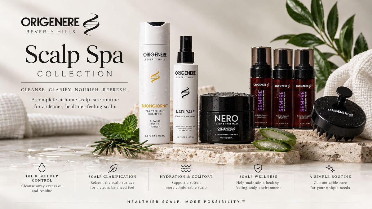Origenere Scalp Spa cleansing, clarifying, and botanical scalp-care products