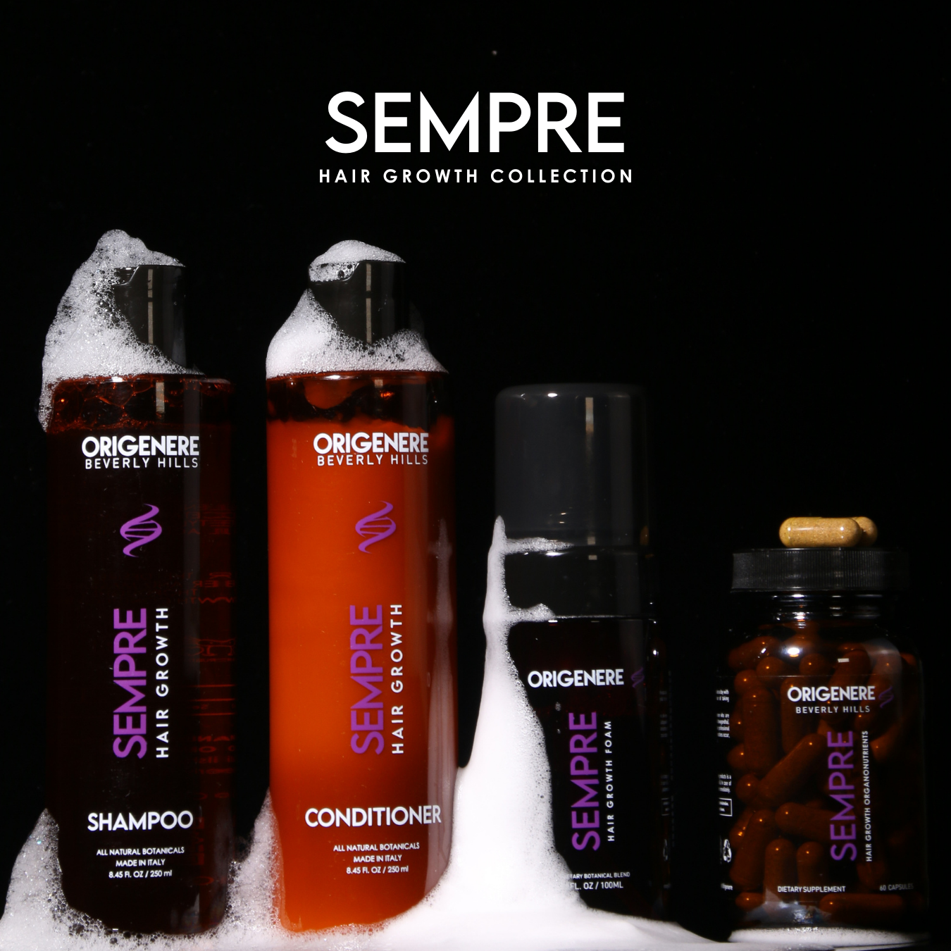 Sempre Hair Growth Collection: shampoo, conditioner, hair growth foam and vitamins