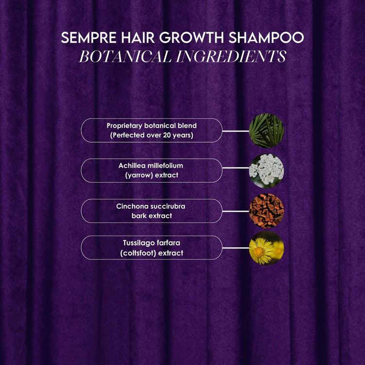 Sempre Hair Growth Shampoo Botanical Ingredients: Proprietary botanical blend, yarrow, cinchona succirubra bark, and coltsfoot