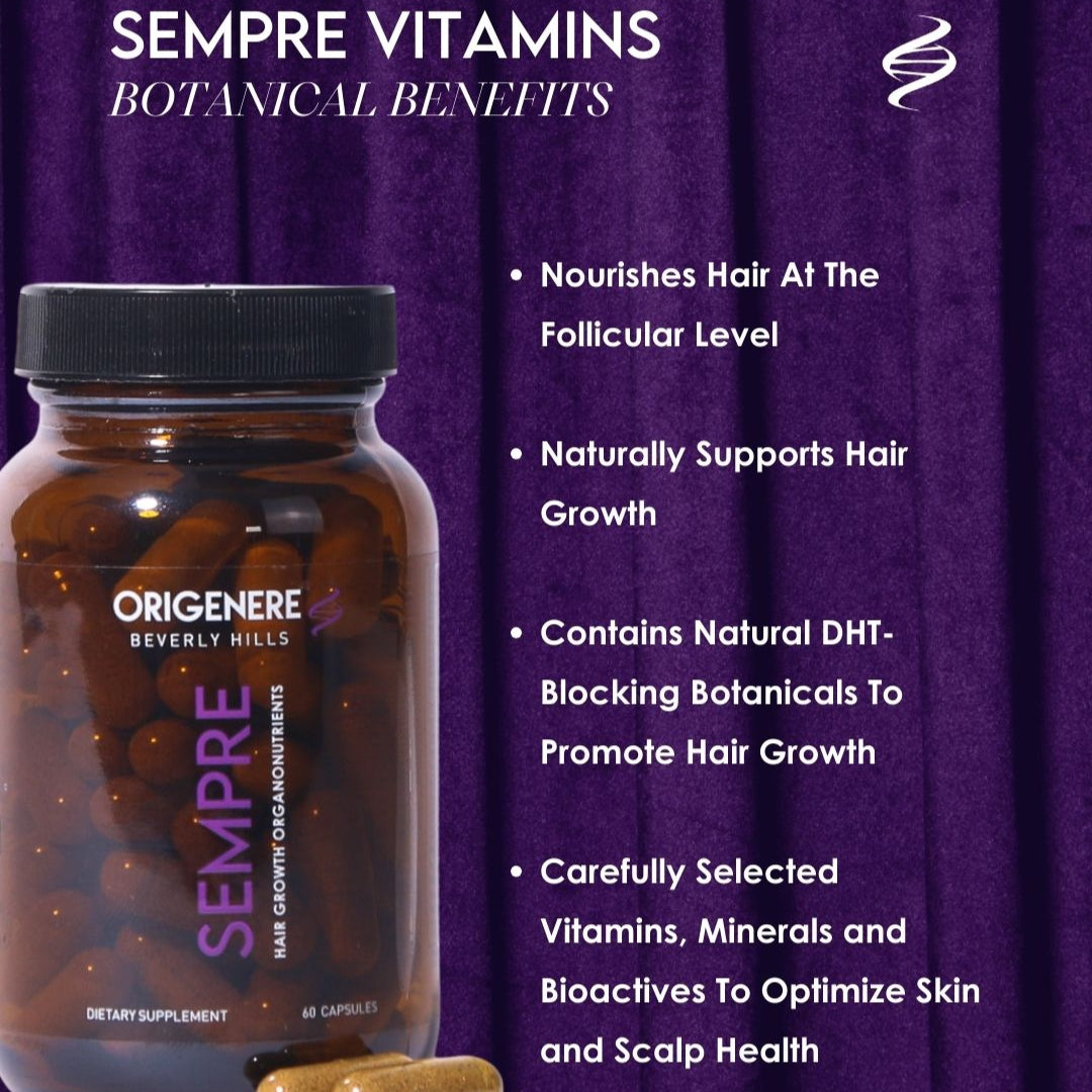 Sempre hair growth vitamins' botanical benefits written next to a bottle of Sempre hair growth organonutrients. 