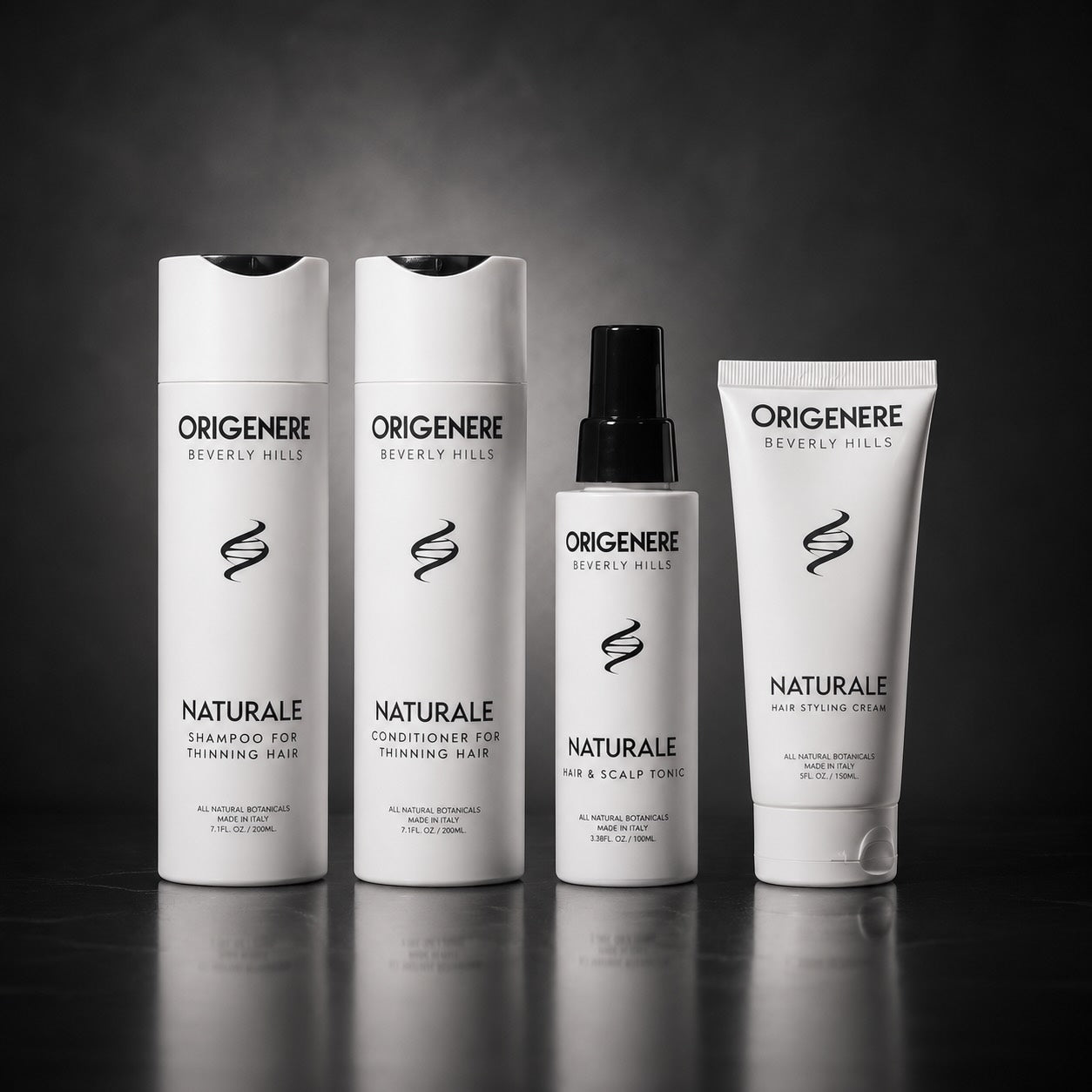 Origenere Naturale shampoo, conditioner, scalp and hair tonic, and styling cream